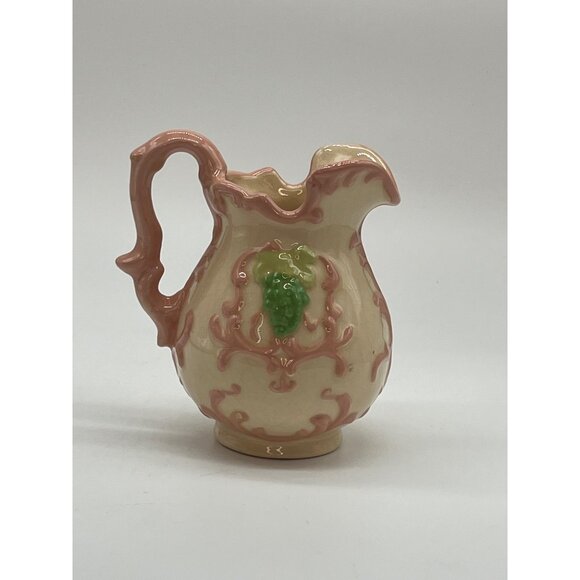 Small Vintage Hand-Painted Ewer/Pitcher Cream, Pink & Green Raised Design w/Hand - Picture 1 of 5